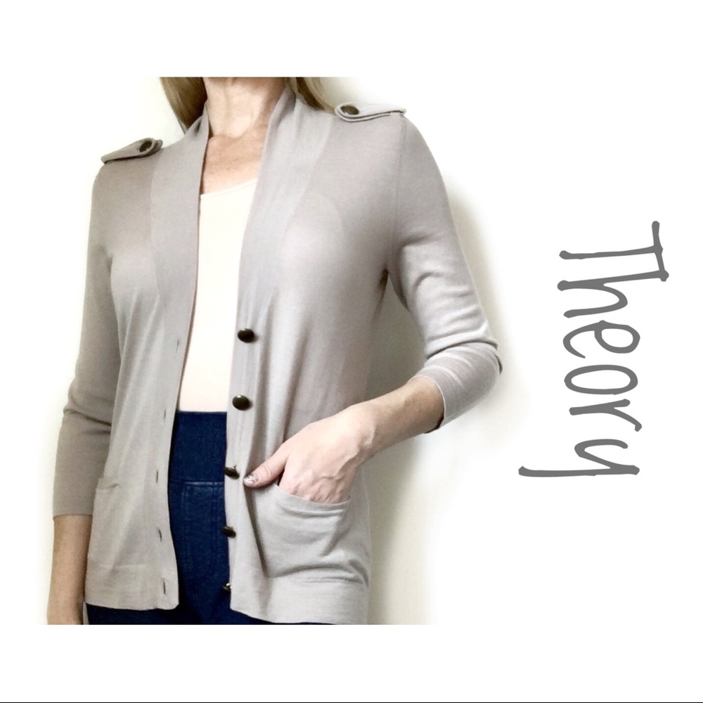 Theory Cardigan Women’s Medium, Tan, Brass Accents - Picture 1 of 8
